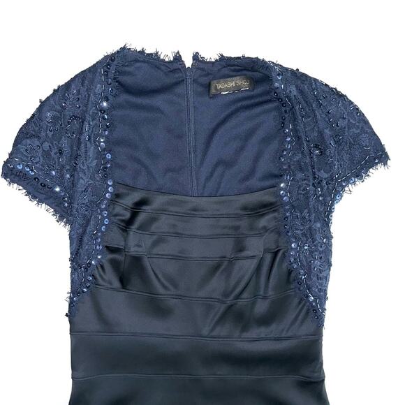 Tadashi Shoji Black Navy Bandage Satin Beaded Cocktail Dress Size 8 - Picture 2 of 12